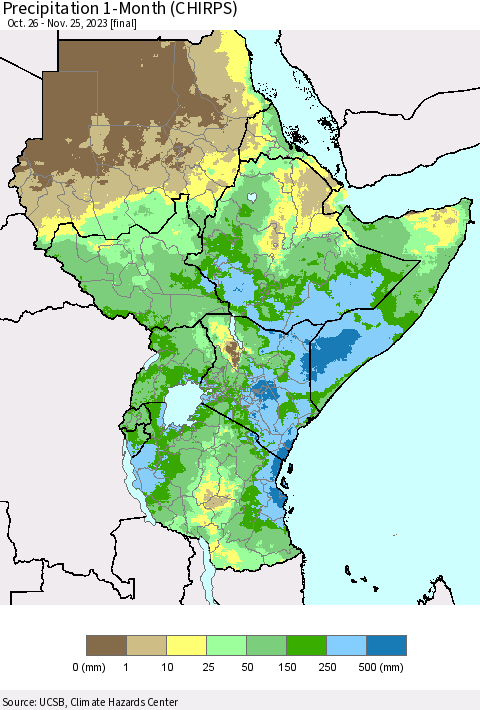 Eastern Africa Precipitation 1-Month (CHIRPS) Thematic Map For 10/26/2023 - 11/25/2023