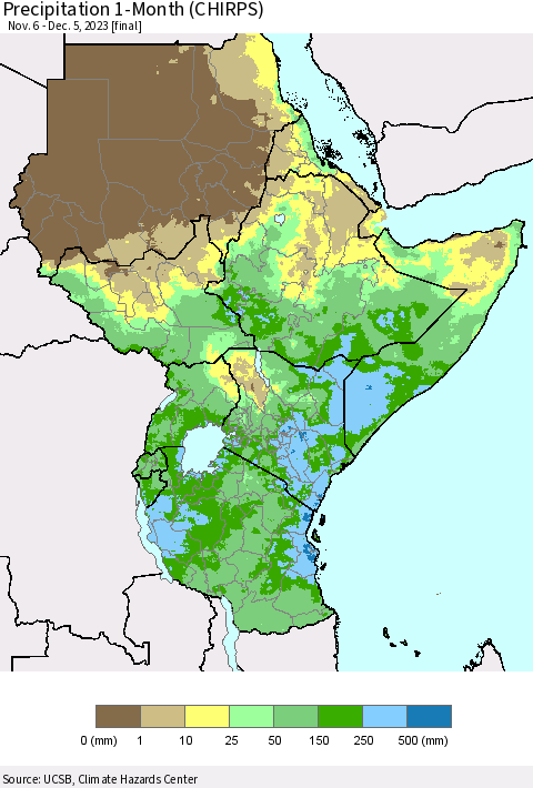 Eastern Africa Precipitation 1-Month (CHIRPS) Thematic Map For 11/6/2023 - 12/5/2023