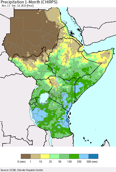 Eastern Africa Precipitation 1-Month (CHIRPS) Thematic Map For 11/11/2023 - 12/10/2023