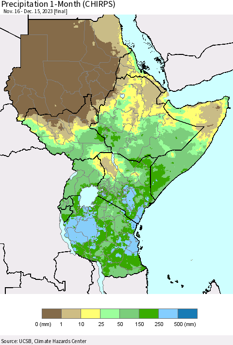 Eastern Africa Precipitation 1-Month (CHIRPS) Thematic Map For 11/16/2023 - 12/15/2023