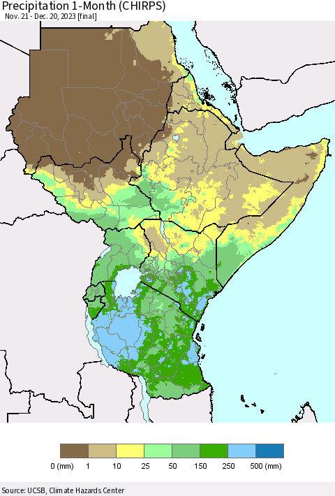 Eastern Africa Precipitation 1-Month (CHIRPS) Thematic Map For 11/21/2023 - 12/20/2023
