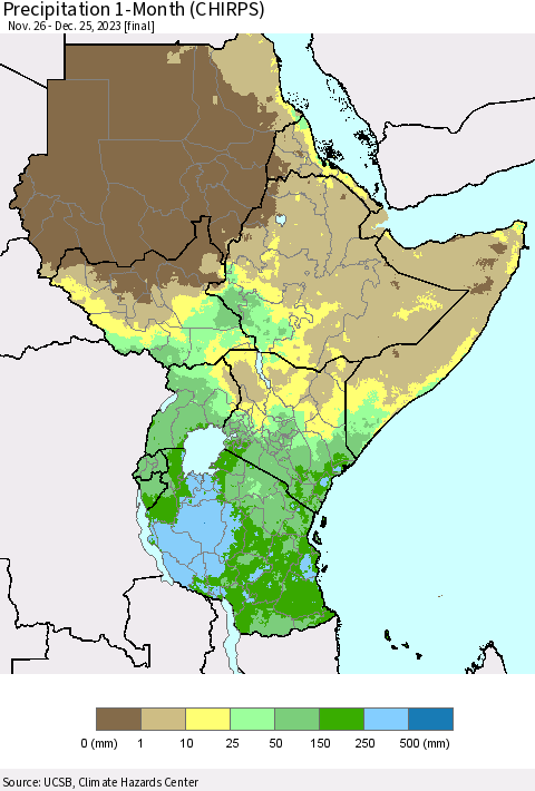 Eastern Africa Precipitation 1-Month (CHIRPS) Thematic Map For 11/26/2023 - 12/25/2023