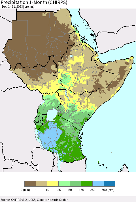 Eastern Africa Precipitation 1-Month (CHIRPS) Thematic Map For 12/1/2023 - 12/31/2023