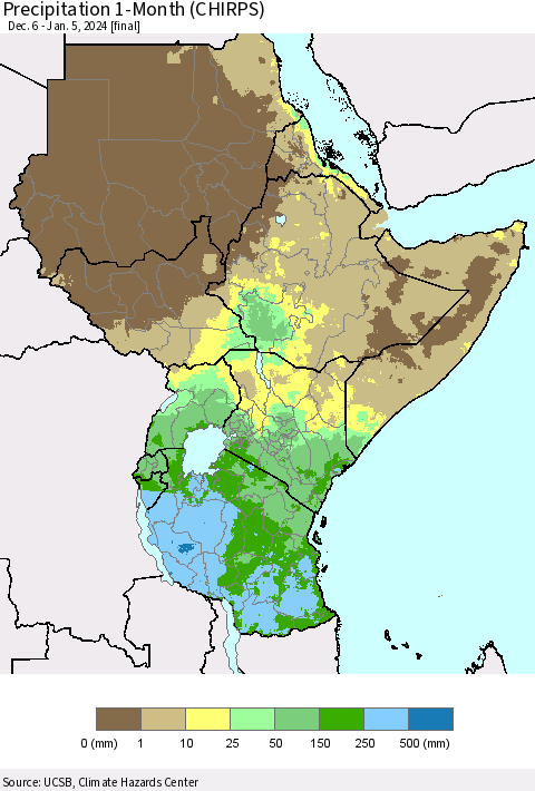 Eastern Africa Precipitation 1-Month (CHIRPS) Thematic Map For 12/6/2023 - 1/5/2024