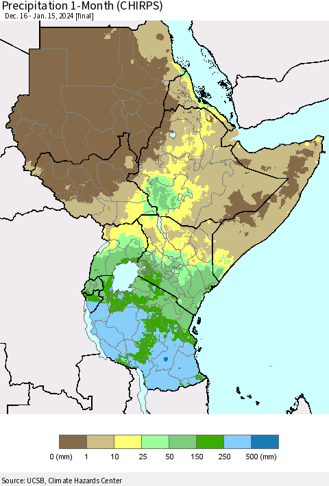 Eastern Africa Precipitation 1-Month (CHIRPS) Thematic Map For 12/16/2023 - 1/15/2024