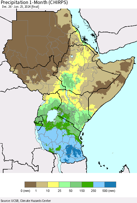 Eastern Africa Precipitation 1-Month (CHIRPS) Thematic Map For 12/26/2023 - 1/25/2024