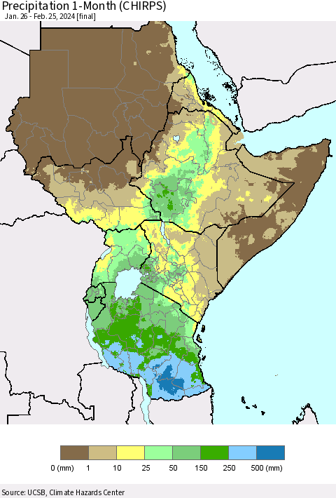 Eastern Africa Precipitation 1-Month (CHIRPS) Thematic Map For 1/26/2024 - 2/25/2024