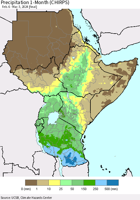 Eastern Africa Precipitation 1-Month (CHIRPS) Thematic Map For 2/6/2024 - 3/5/2024