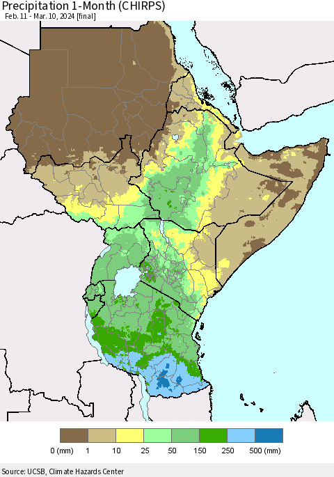 Eastern Africa Precipitation 1-Month (CHIRPS) Thematic Map For 2/11/2024 - 3/10/2024