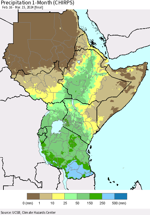 Eastern Africa Precipitation 1-Month (CHIRPS) Thematic Map For 2/16/2024 - 3/15/2024