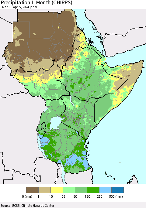 Eastern Africa Precipitation 1-Month (CHIRPS) Thematic Map For 3/6/2024 - 4/5/2024