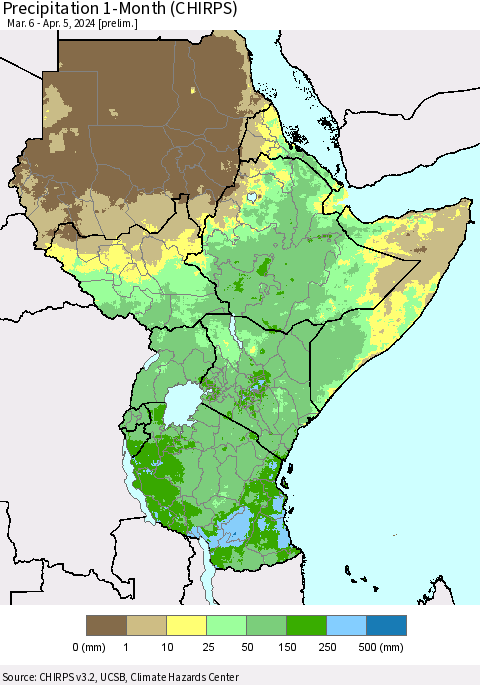 Eastern Africa Precipitation 1-Month (CHIRPS) Thematic Map For 3/6/2024 - 4/5/2024