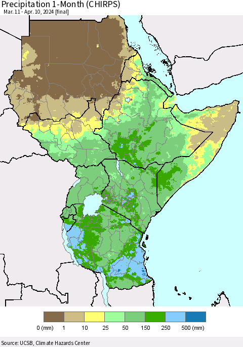 Eastern Africa Precipitation 1-Month (CHIRPS) Thematic Map For 3/11/2024 - 4/10/2024