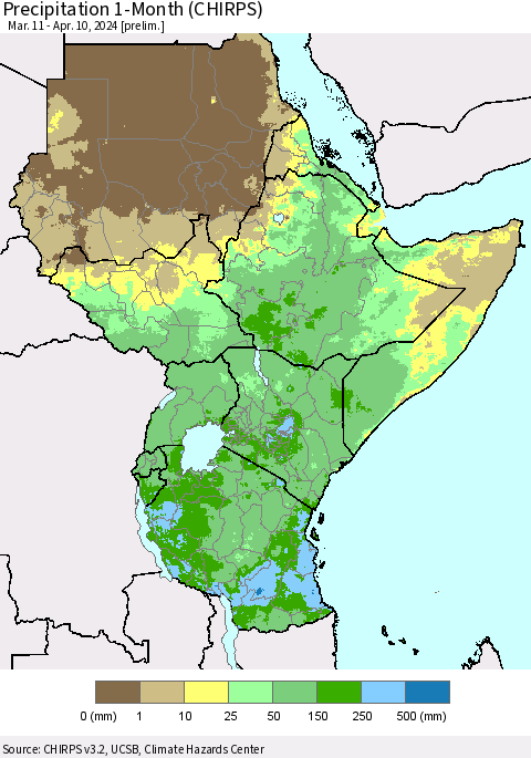 Eastern Africa Precipitation 1-Month (CHIRPS) Thematic Map For 3/11/2024 - 4/10/2024