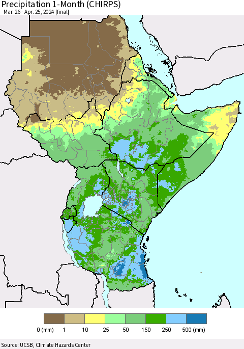 Eastern Africa Precipitation 1-Month (CHIRPS) Thematic Map For 3/26/2024 - 4/25/2024