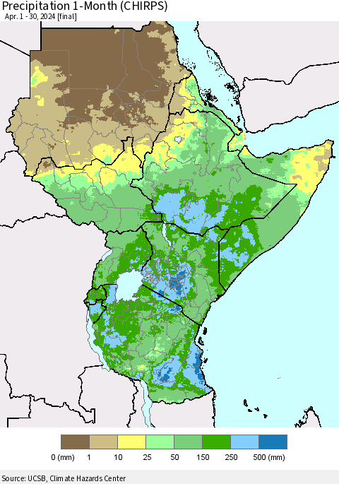 Eastern Africa Precipitation 1-Month (CHIRPS) Thematic Map For 4/1/2024 - 4/30/2024
