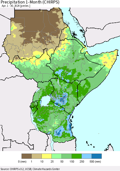 Eastern Africa Precipitation 1-Month (CHIRPS) Thematic Map For 4/1/2024 - 4/30/2024