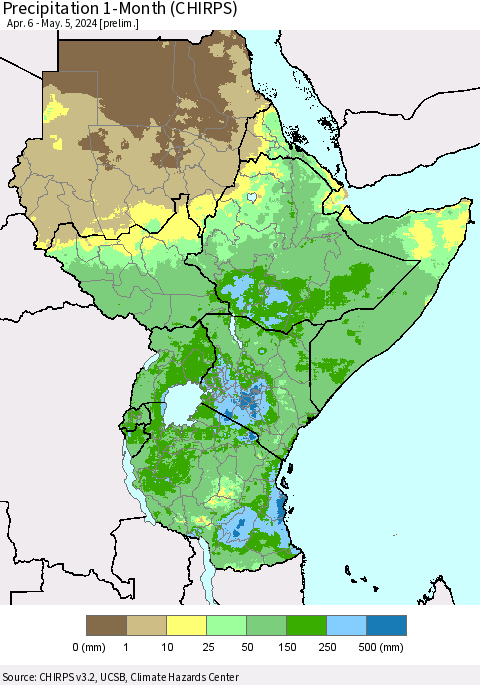 Eastern Africa Precipitation 1-Month (CHIRPS) Thematic Map For 4/6/2024 - 5/5/2024