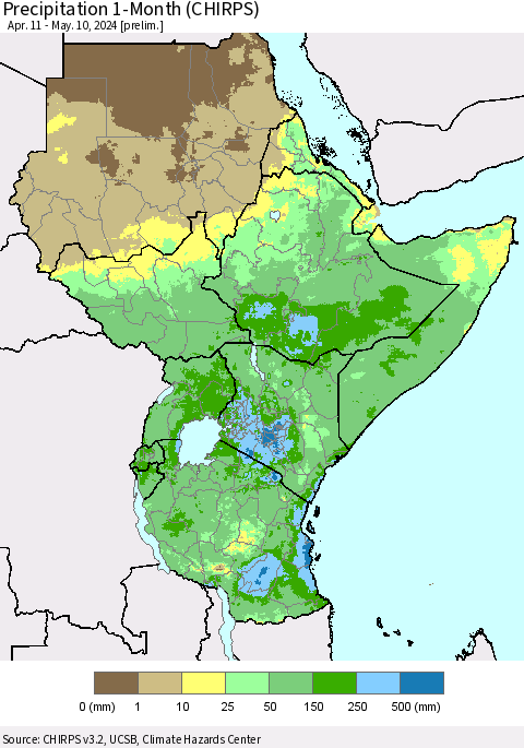 Eastern Africa Precipitation 1-Month (CHIRPS) Thematic Map For 4/11/2024 - 5/10/2024