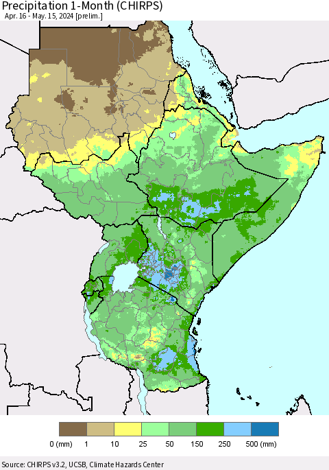 Eastern Africa Precipitation 1-Month (CHIRPS) Thematic Map For 4/16/2024 - 5/15/2024