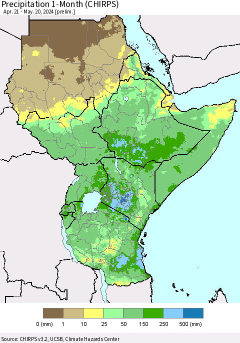 Eastern Africa Precipitation 1-Month (CHIRPS) Thematic Map For 4/21/2024 - 5/20/2024