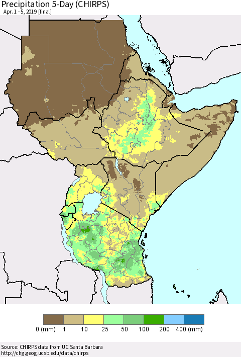 Eastern Africa Precipitation 5-Day (CHIRPS) Thematic Map For 4/1/2019 - 4/5/2019