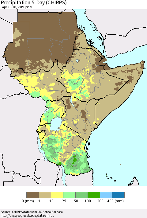 Eastern Africa Precipitation 5-Day (CHIRPS) Thematic Map For 4/6/2019 - 4/10/2019