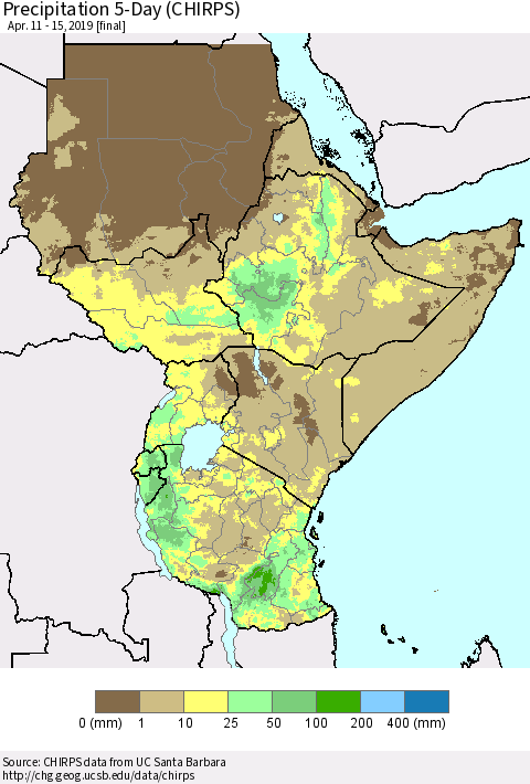 Eastern Africa Precipitation 5-Day (CHIRPS) Thematic Map For 4/11/2019 - 4/15/2019