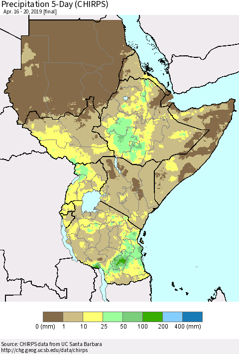 Eastern Africa Precipitation 5-Day (CHIRPS) Thematic Map For 4/16/2019 - 4/20/2019