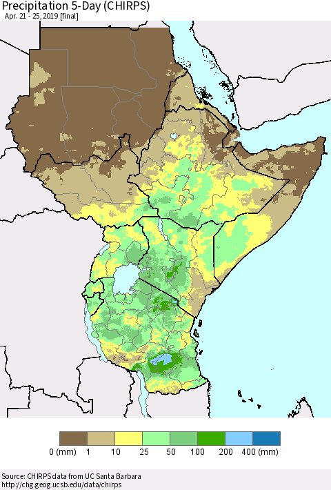 Eastern Africa Precipitation 5-Day (CHIRPS) Thematic Map For 4/21/2019 - 4/25/2019