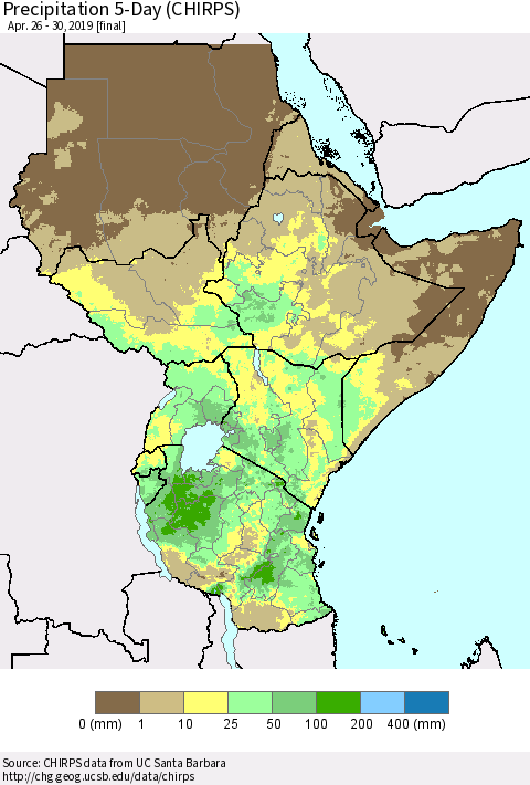 Eastern Africa Precipitation 5-Day (CHIRPS) Thematic Map For 4/26/2019 - 4/30/2019