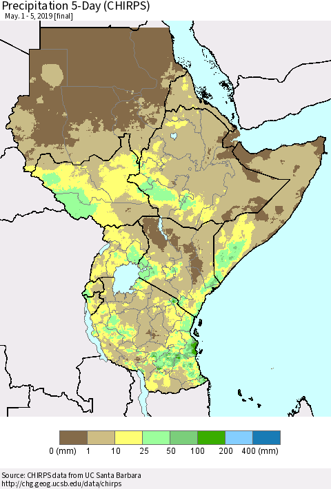 Eastern Africa Precipitation 5-Day (CHIRPS) Thematic Map For 5/1/2019 - 5/5/2019
