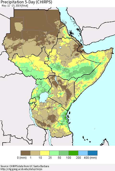 Eastern Africa Precipitation 5-Day (CHIRPS) Thematic Map For 5/11/2019 - 5/15/2019