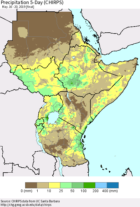 Eastern Africa Precipitation 5-Day (CHIRPS) Thematic Map For 5/16/2019 - 5/20/2019