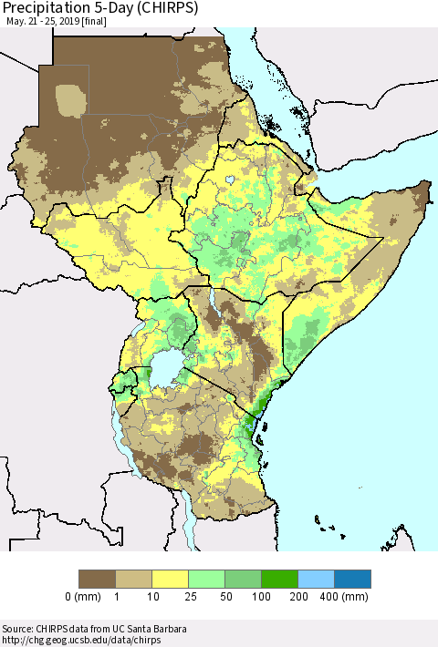 Eastern Africa Precipitation 5-Day (CHIRPS) Thematic Map For 5/21/2019 - 5/25/2019