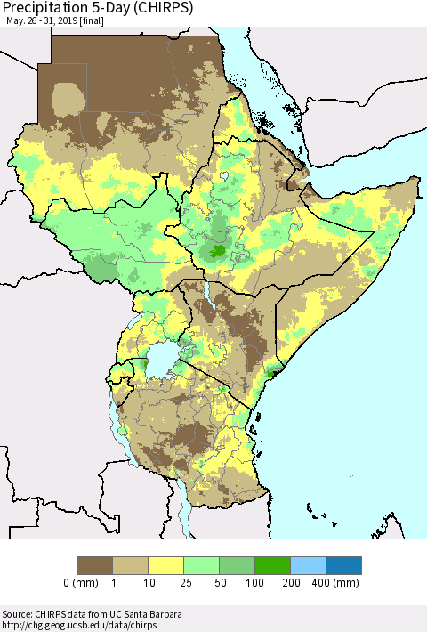Eastern Africa Precipitation 5-Day (CHIRPS) Thematic Map For 5/26/2019 - 5/31/2019