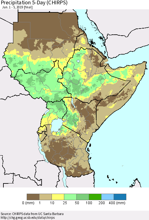 Eastern Africa Precipitation 5-Day (CHIRPS) Thematic Map For 6/1/2019 - 6/5/2019