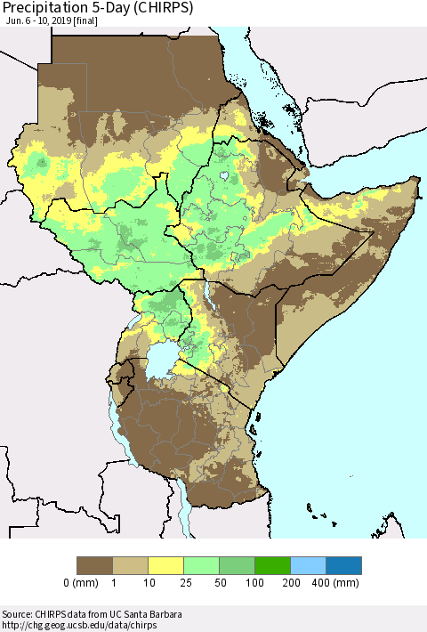 Eastern Africa Precipitation 5-Day (CHIRPS) Thematic Map For 6/6/2019 - 6/10/2019