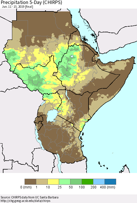 Eastern Africa Precipitation 5-Day (CHIRPS) Thematic Map For 6/11/2019 - 6/15/2019