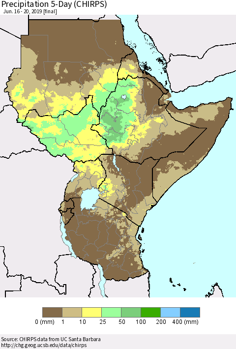 Eastern Africa Precipitation 5-Day (CHIRPS) Thematic Map For 6/16/2019 - 6/20/2019