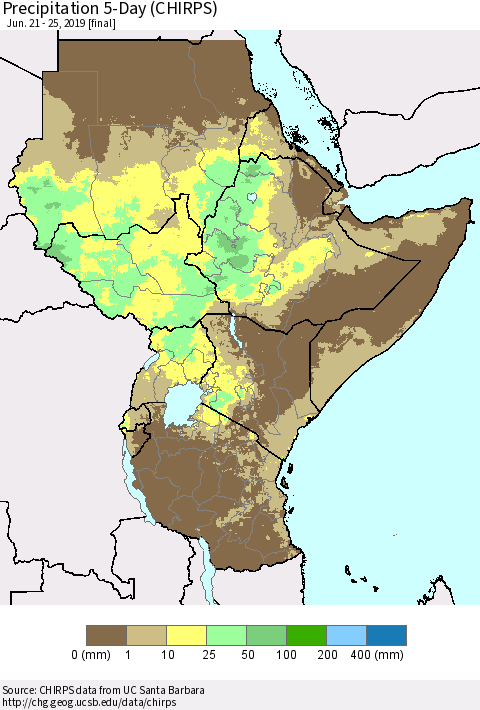Eastern Africa Precipitation 5-Day (CHIRPS) Thematic Map For 6/21/2019 - 6/25/2019