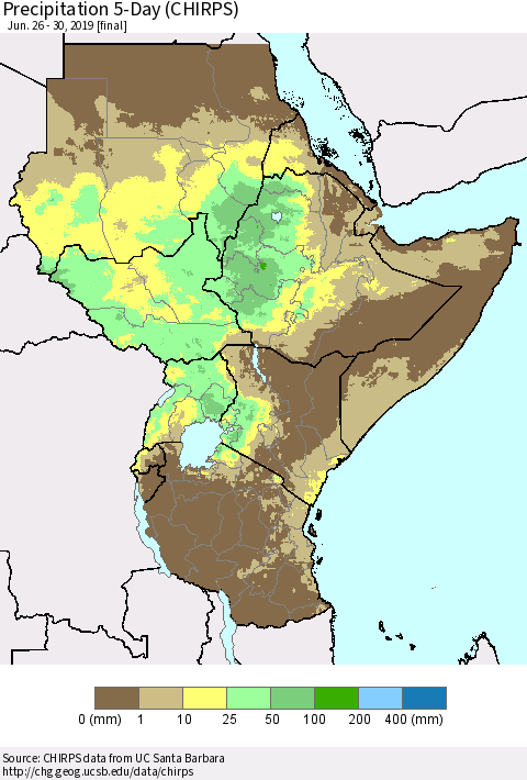 Eastern Africa Precipitation 5-Day (CHIRPS) Thematic Map For 6/26/2019 - 6/30/2019