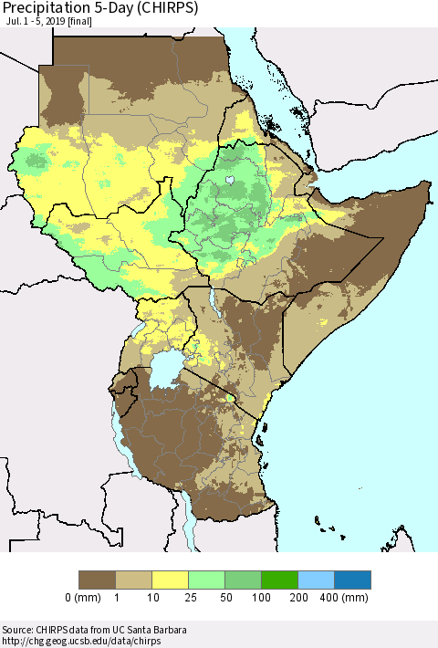 Eastern Africa Precipitation 5-Day (CHIRPS) Thematic Map For 7/1/2019 - 7/5/2019