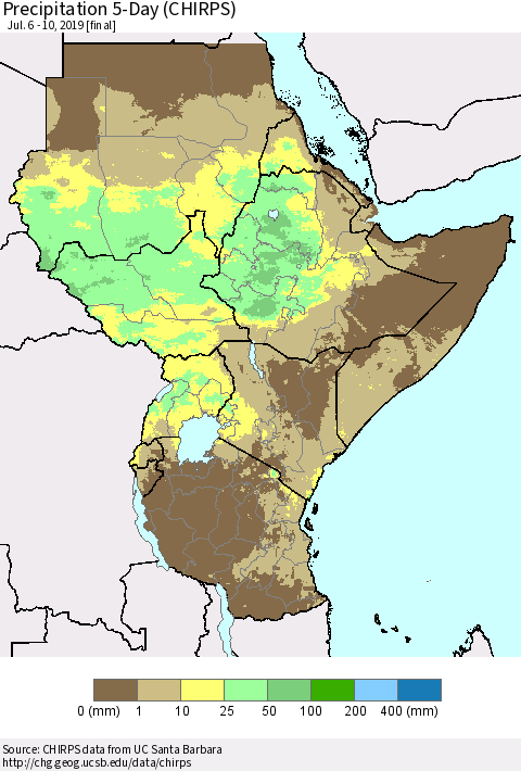 Eastern Africa Precipitation 5-Day (CHIRPS) Thematic Map For 7/6/2019 - 7/10/2019