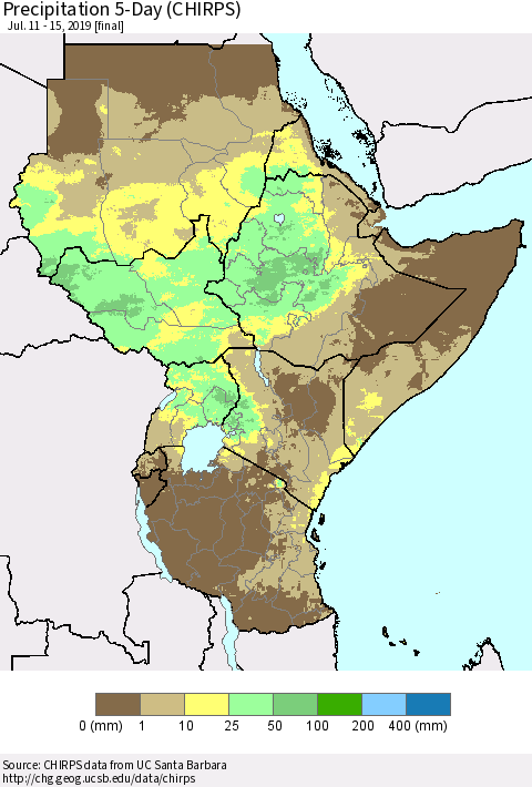 Eastern Africa Precipitation 5-Day (CHIRPS) Thematic Map For 7/11/2019 - 7/15/2019