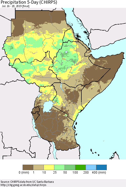 Eastern Africa Precipitation 5-Day (CHIRPS) Thematic Map For 7/16/2019 - 7/20/2019