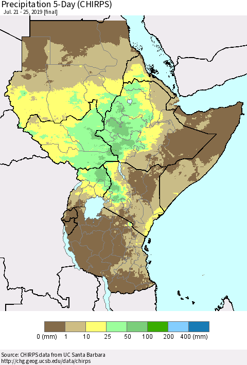 Eastern Africa Precipitation 5-Day (CHIRPS) Thematic Map For 7/21/2019 - 7/25/2019