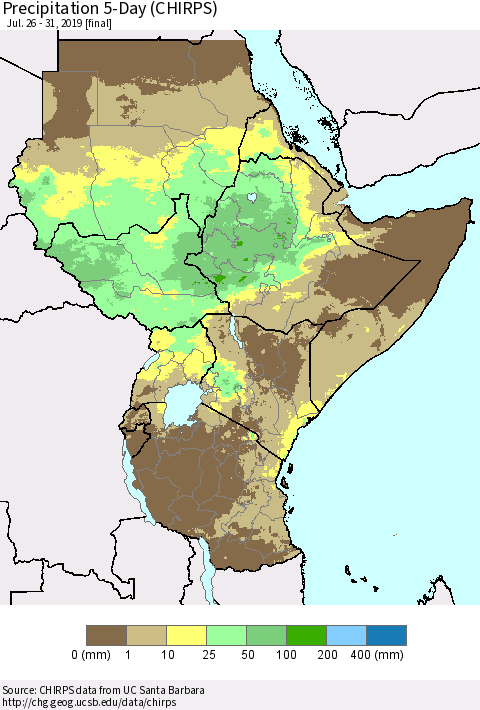 Eastern Africa Precipitation 5-Day (CHIRPS) Thematic Map For 7/26/2019 - 7/31/2019