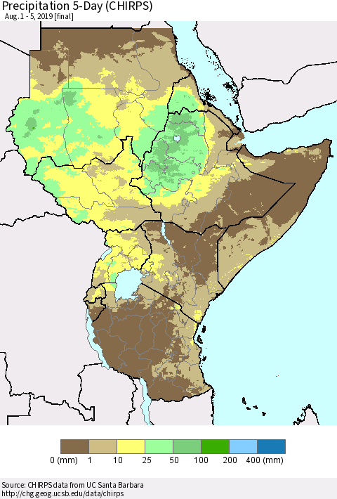 Eastern Africa Precipitation 5-Day (CHIRPS) Thematic Map For 8/1/2019 - 8/5/2019
