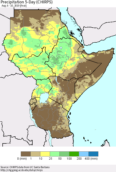 Eastern Africa Precipitation 5-Day (CHIRPS) Thematic Map For 8/6/2019 - 8/10/2019